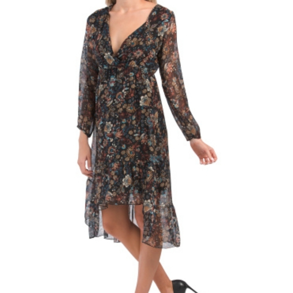 Elena Baldi silk wrap dress/Size XS/NWOT/Vintage/black, floral/hi-low/